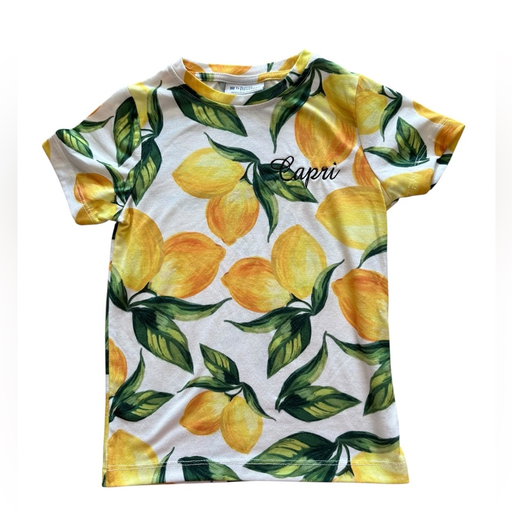 La Divina Costiera Made In Italy Kids Yellow Lemon Print Capri Embroidered Tee